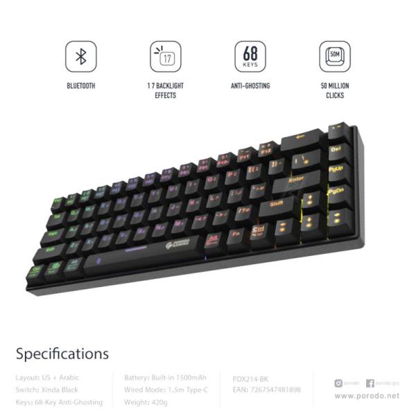 کیبورد گیمینگ مکانیکال بیسیم RGB پرودو گیمینگ Porodo Gaming PDX214 BT